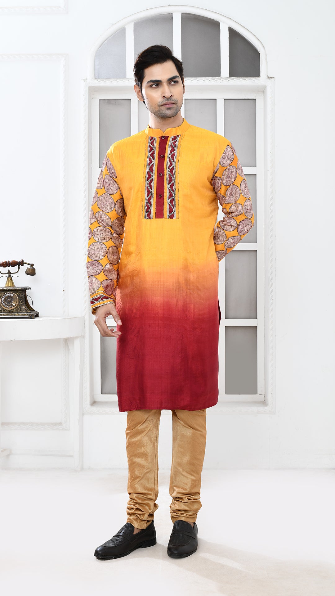 Maroon/Yellow Tie Dye Beige Kantha Sleeve Silk Panjabi