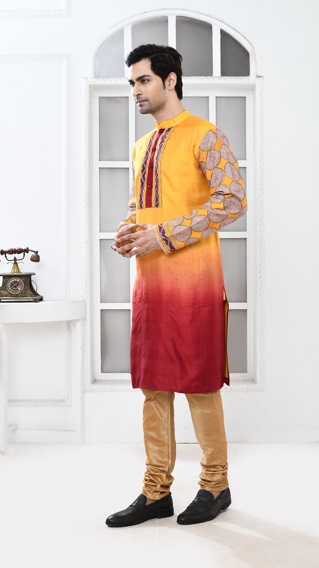 Maroon/Yellow Tie Dye Beige Kantha Sleeve Silk Panjabi