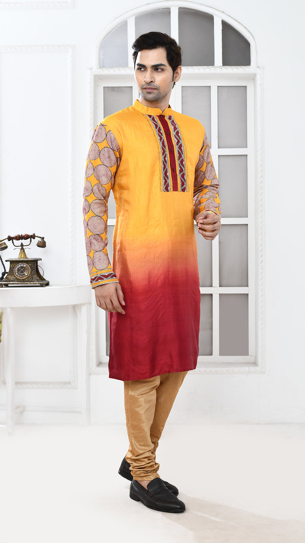 Maroon/Yellow Tie Dye Beige Kantha Sleeve Silk Panjabi