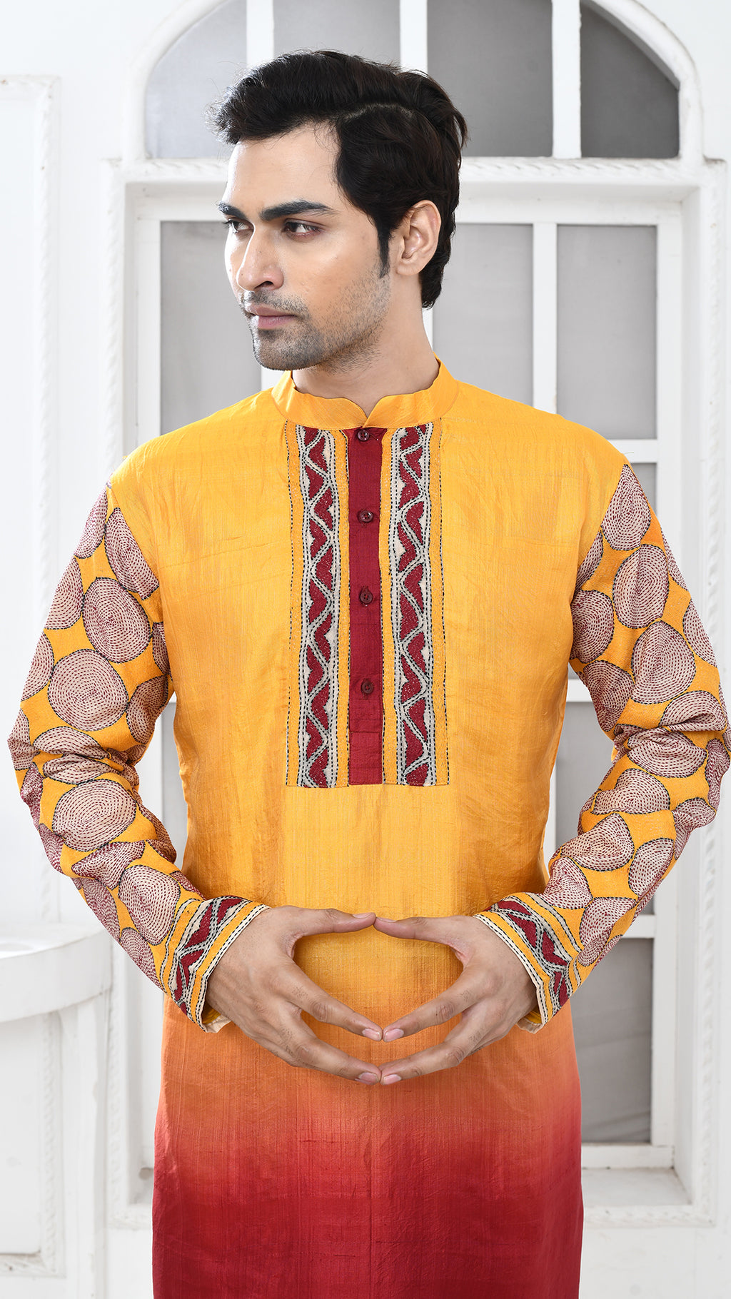 Maroon/Yellow Tie Dye Beige Kantha Sleeve Silk Panjabi