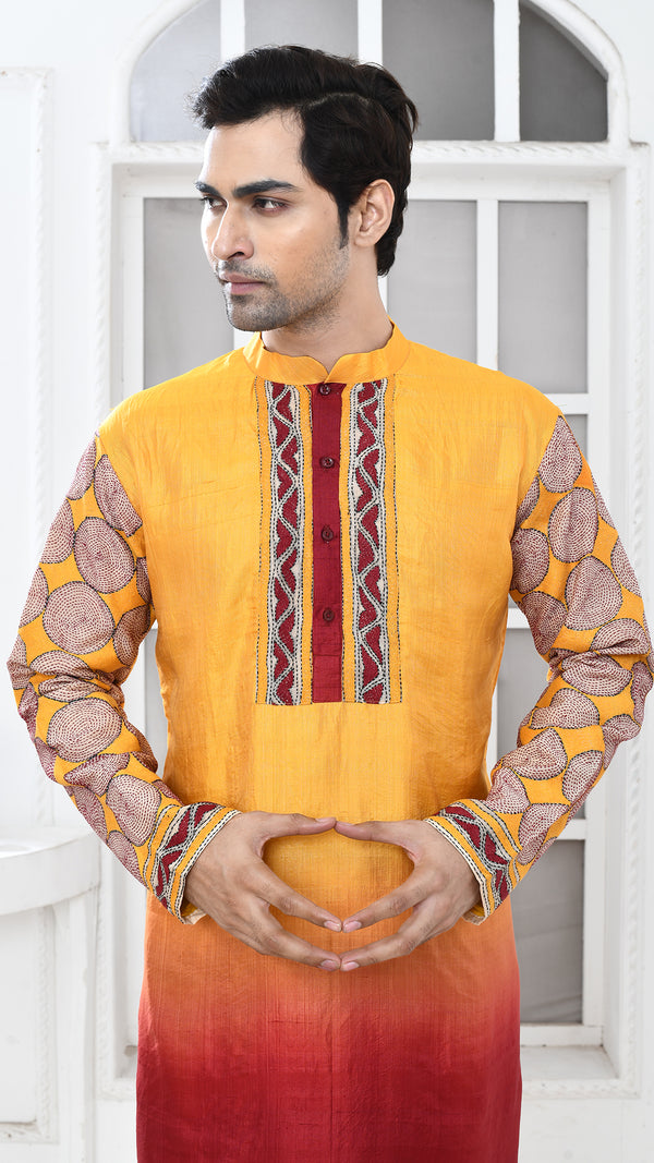 Maroon/Yellow Tie Dye Beige Kantha Sleeve Silk Panjabi