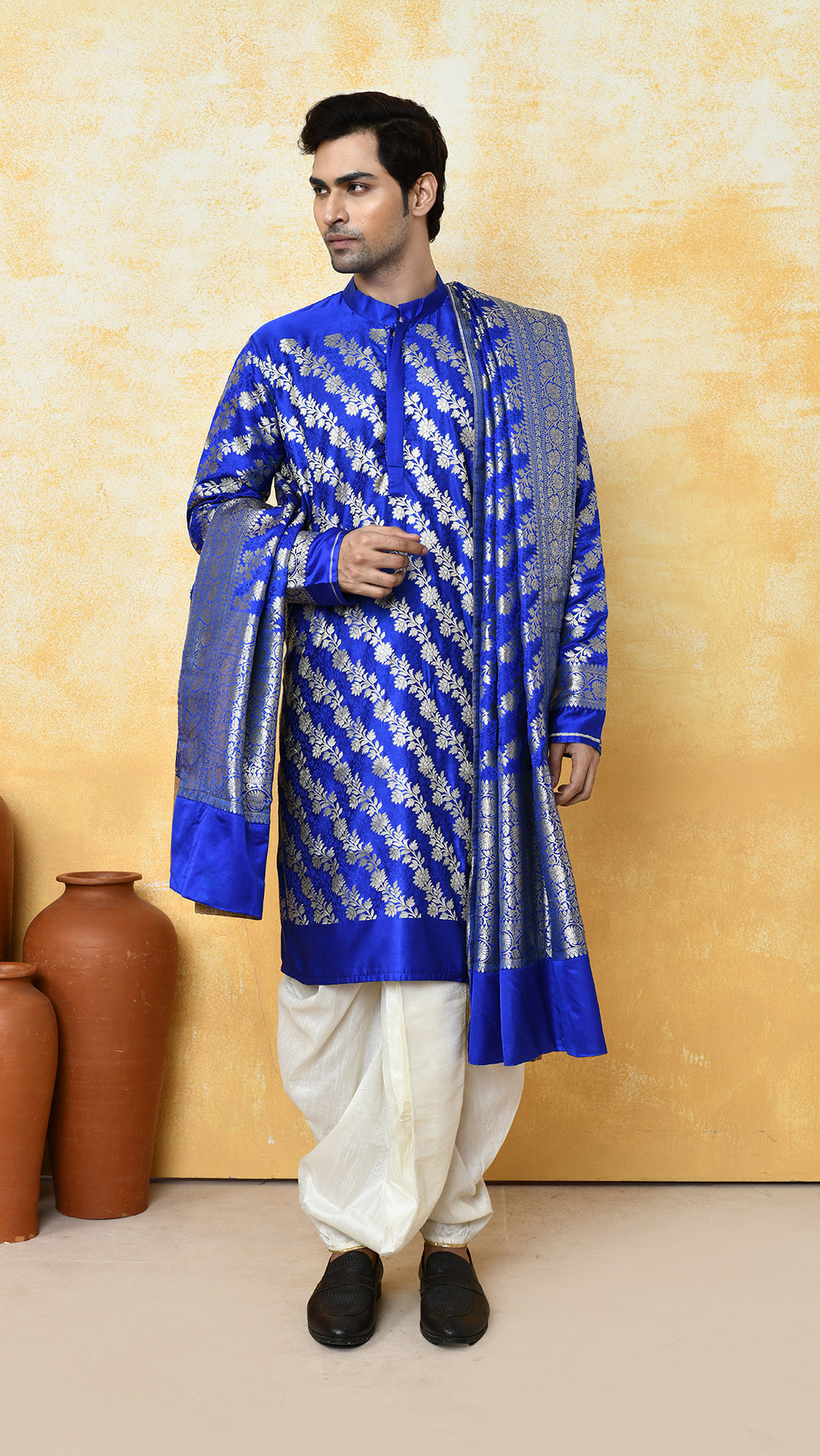royal blue banarasi panjabi / chadar silk set