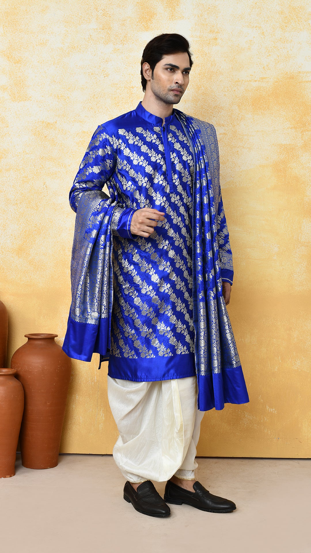 royal blue banarasi panjabi / chadar silk set