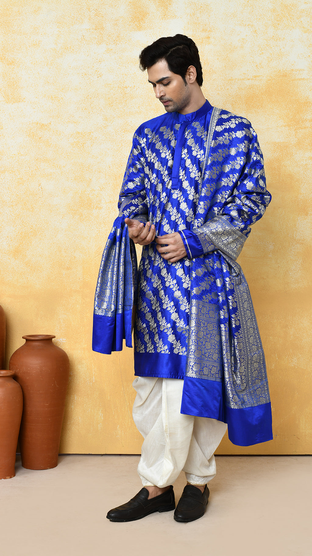 royal blue banarasi panjabi / chadar silk set