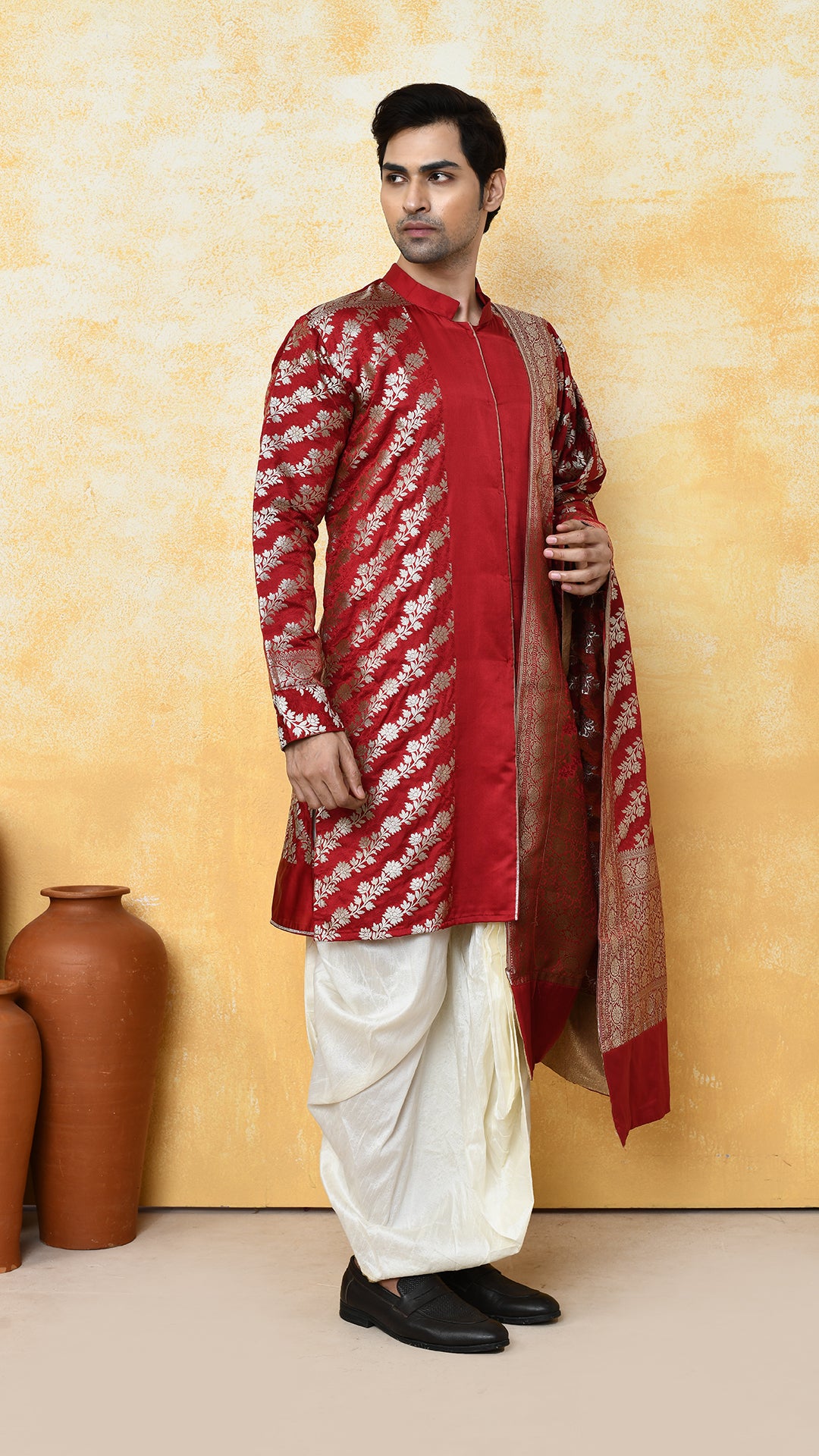 maroon banarasi panjabi / chadar silk set