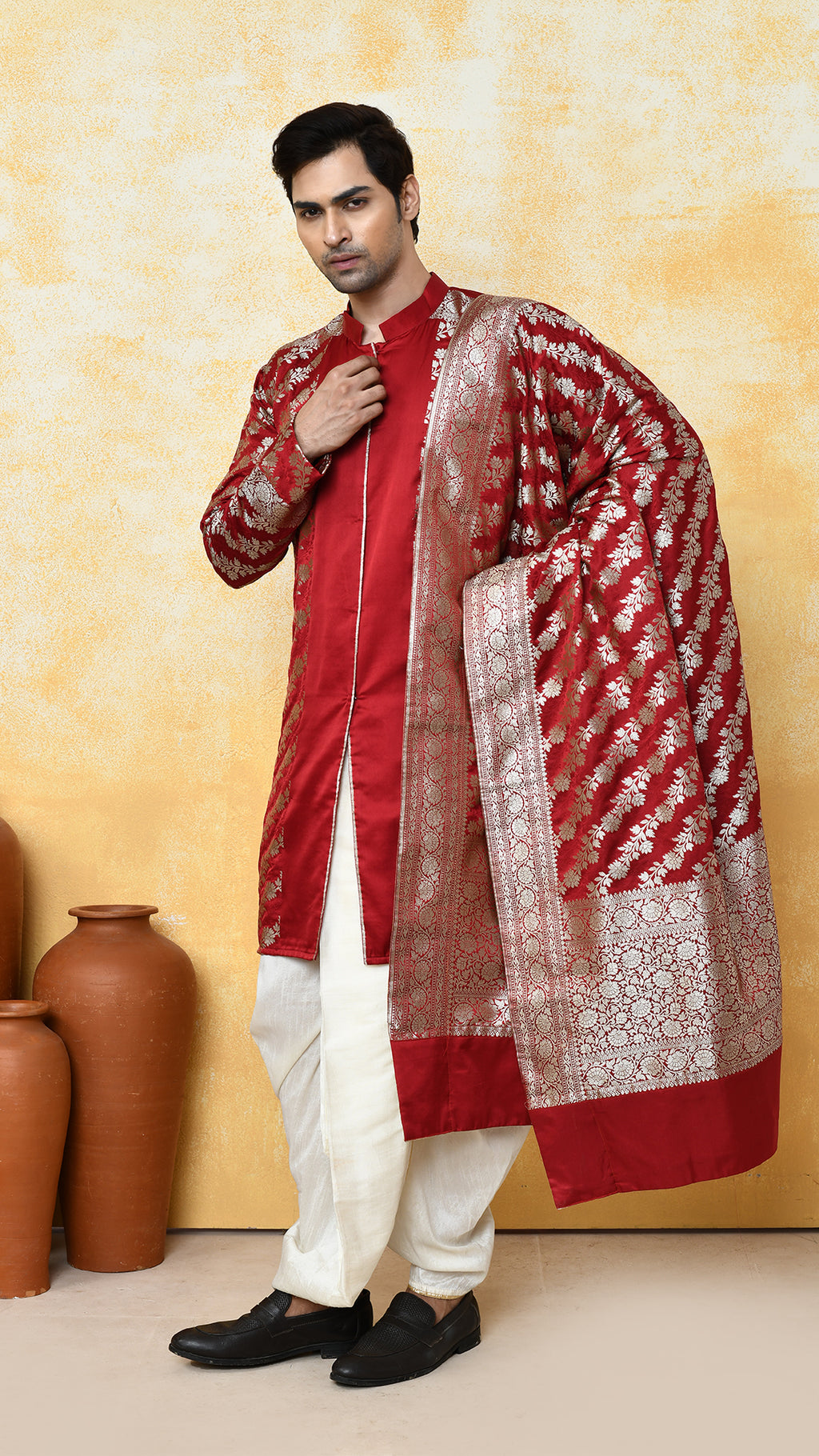 maroon banarasi panjabi / chadar silk set