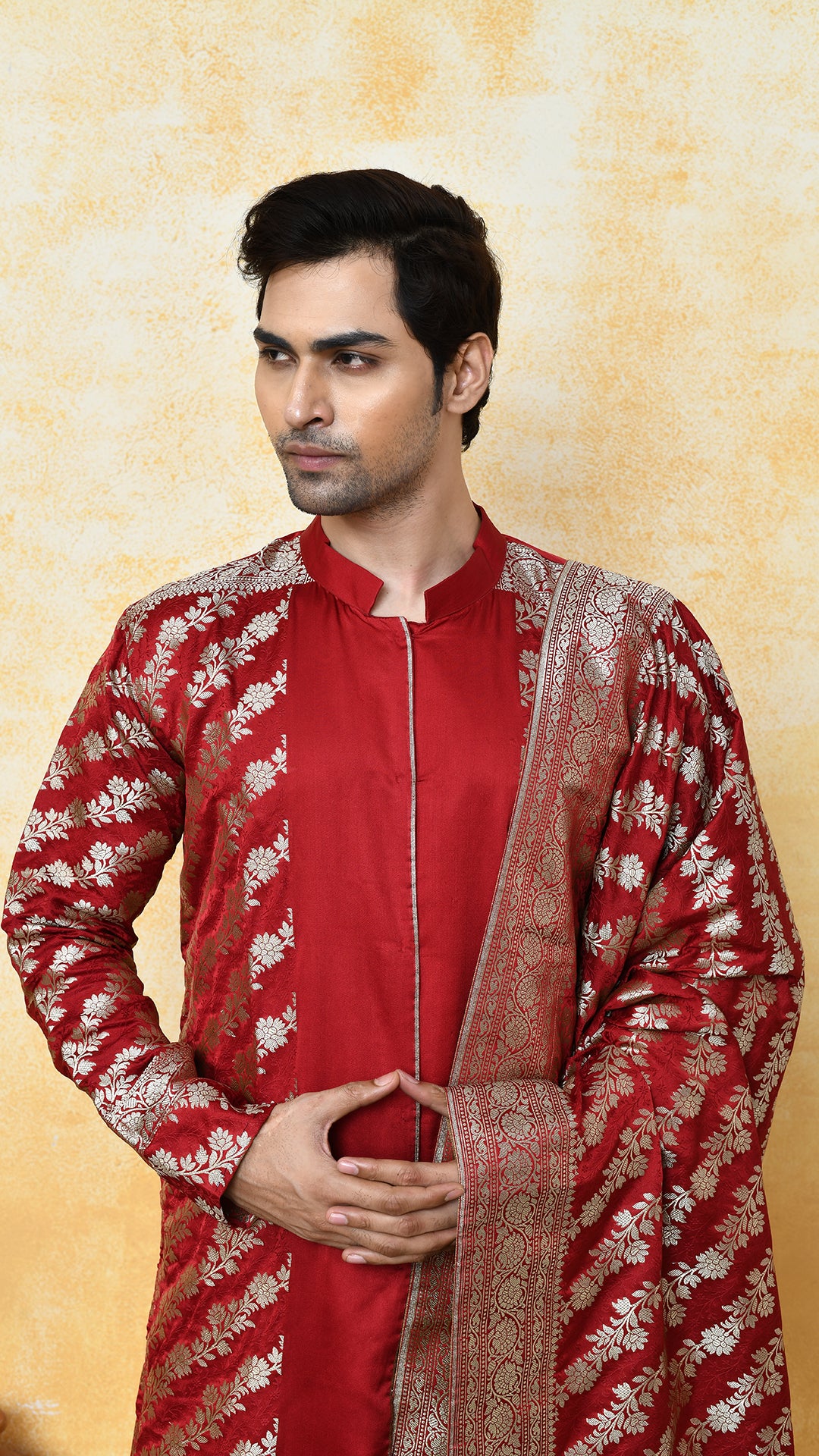 maroon banarasi panjabi / chadar silk set