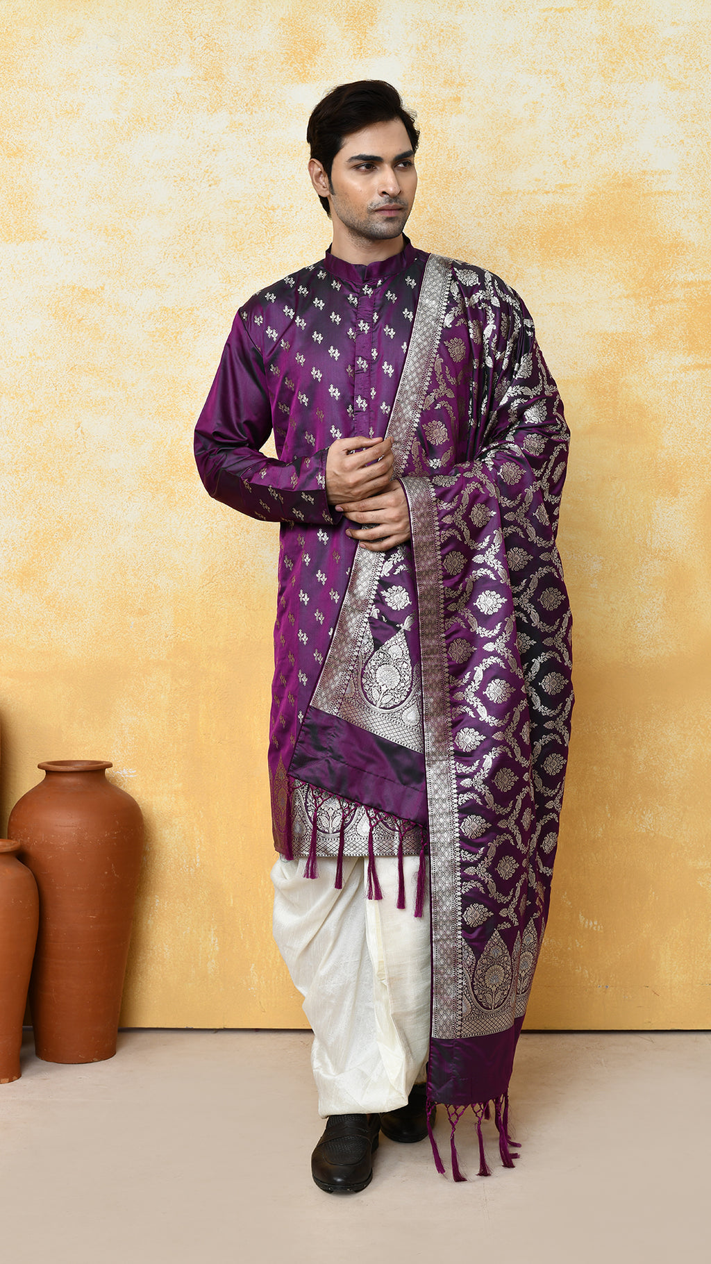 purple banarasi panjabi / chadar silk set