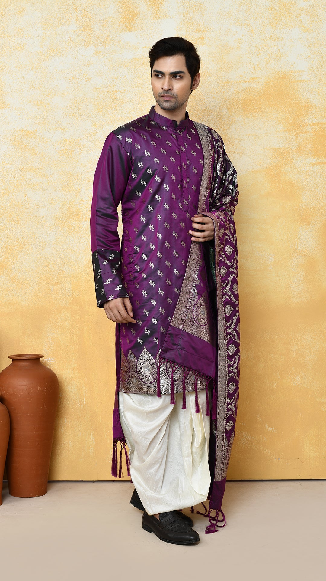 purple banarasi panjabi / chadar silk set