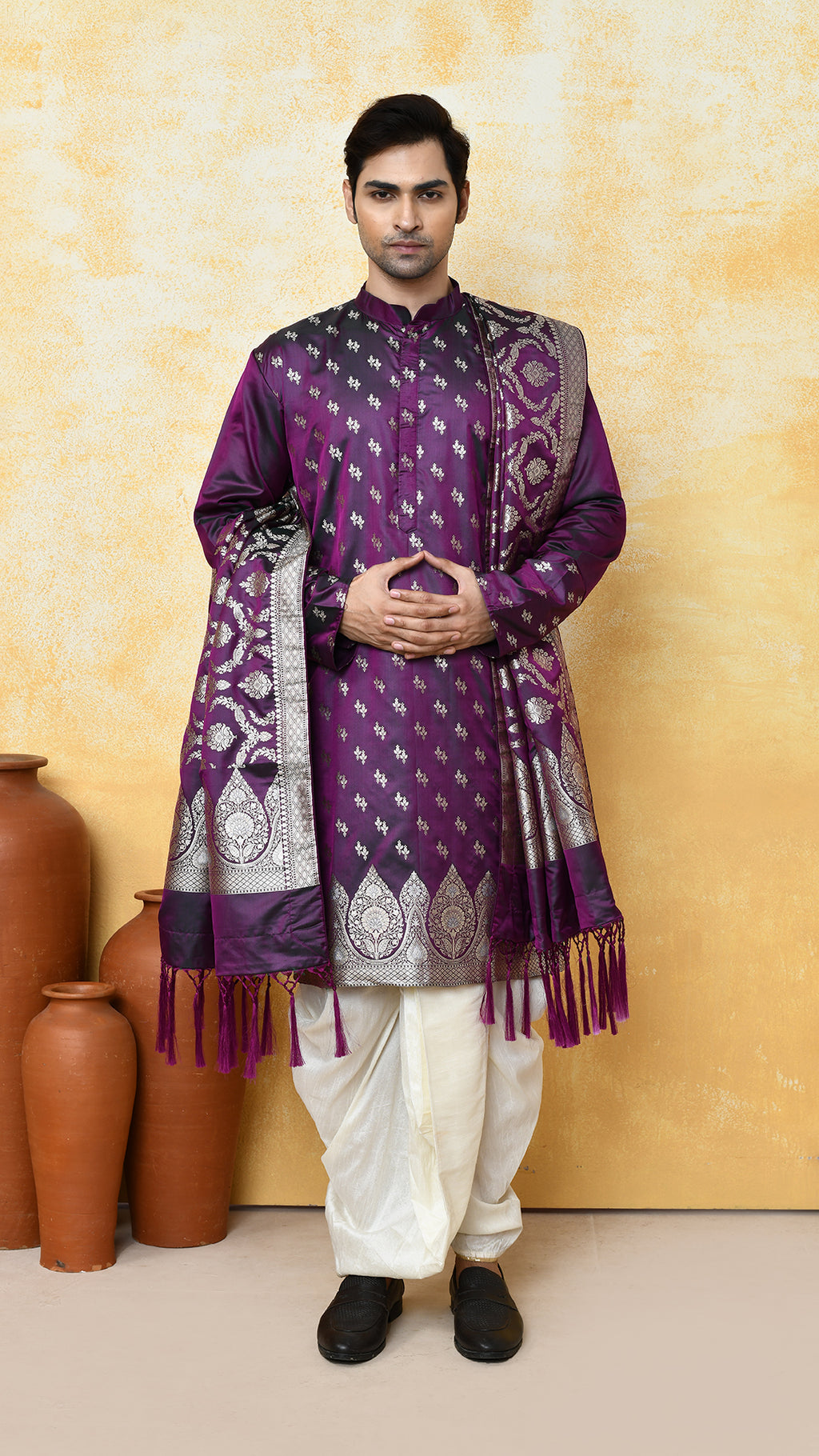 purple banarasi panjabi / chadar silk set