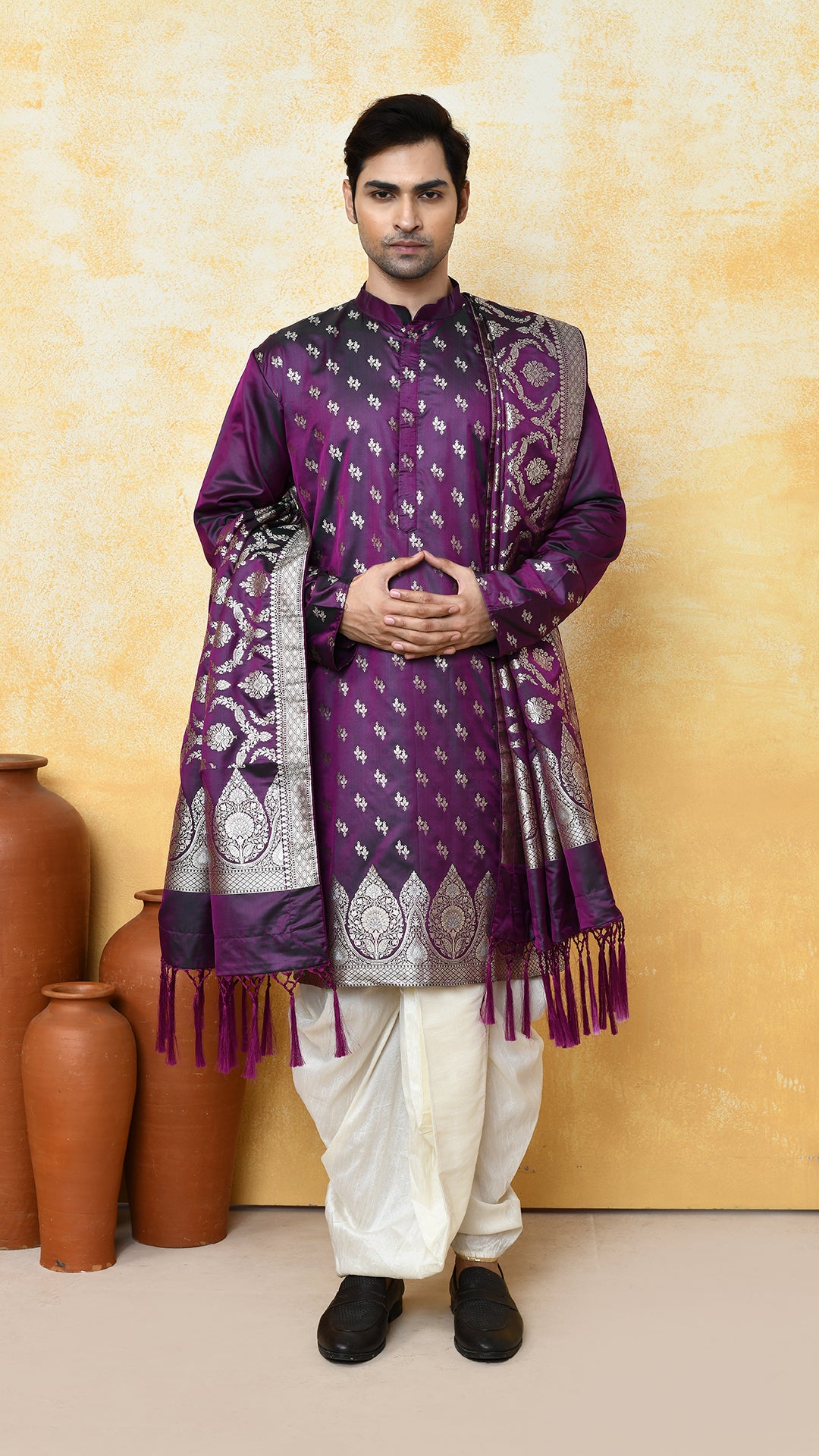 purple banarasi panjabi / chadar silk set