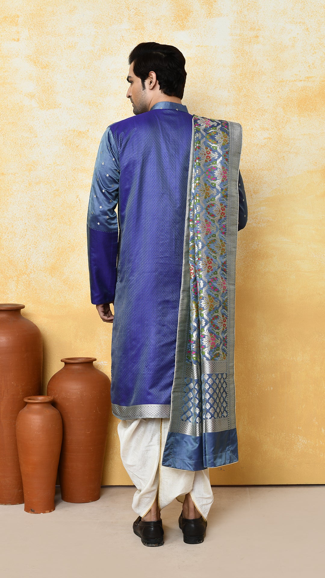 bluish grey banarasi panjabi / chadar silk set