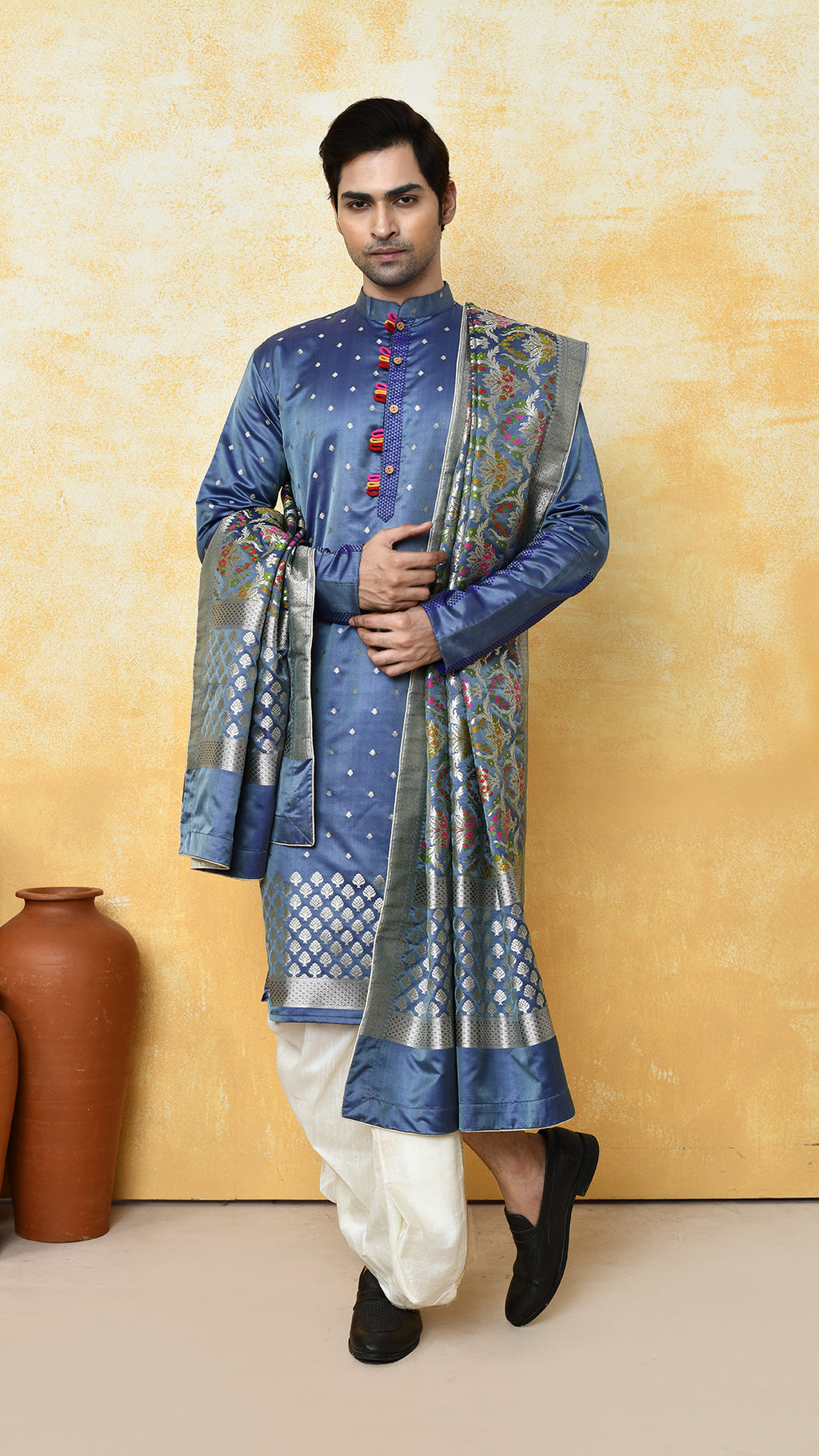 bluish grey banarasi panjabi / chadar silk set
