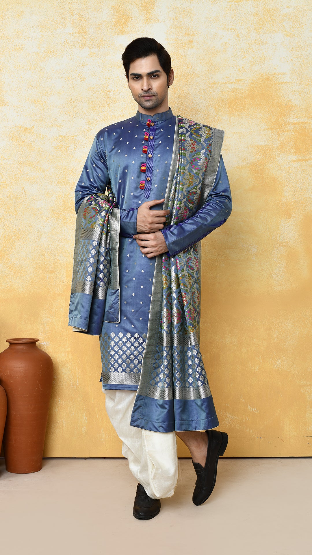 bluish grey banarasi panjabi / chadar silk set