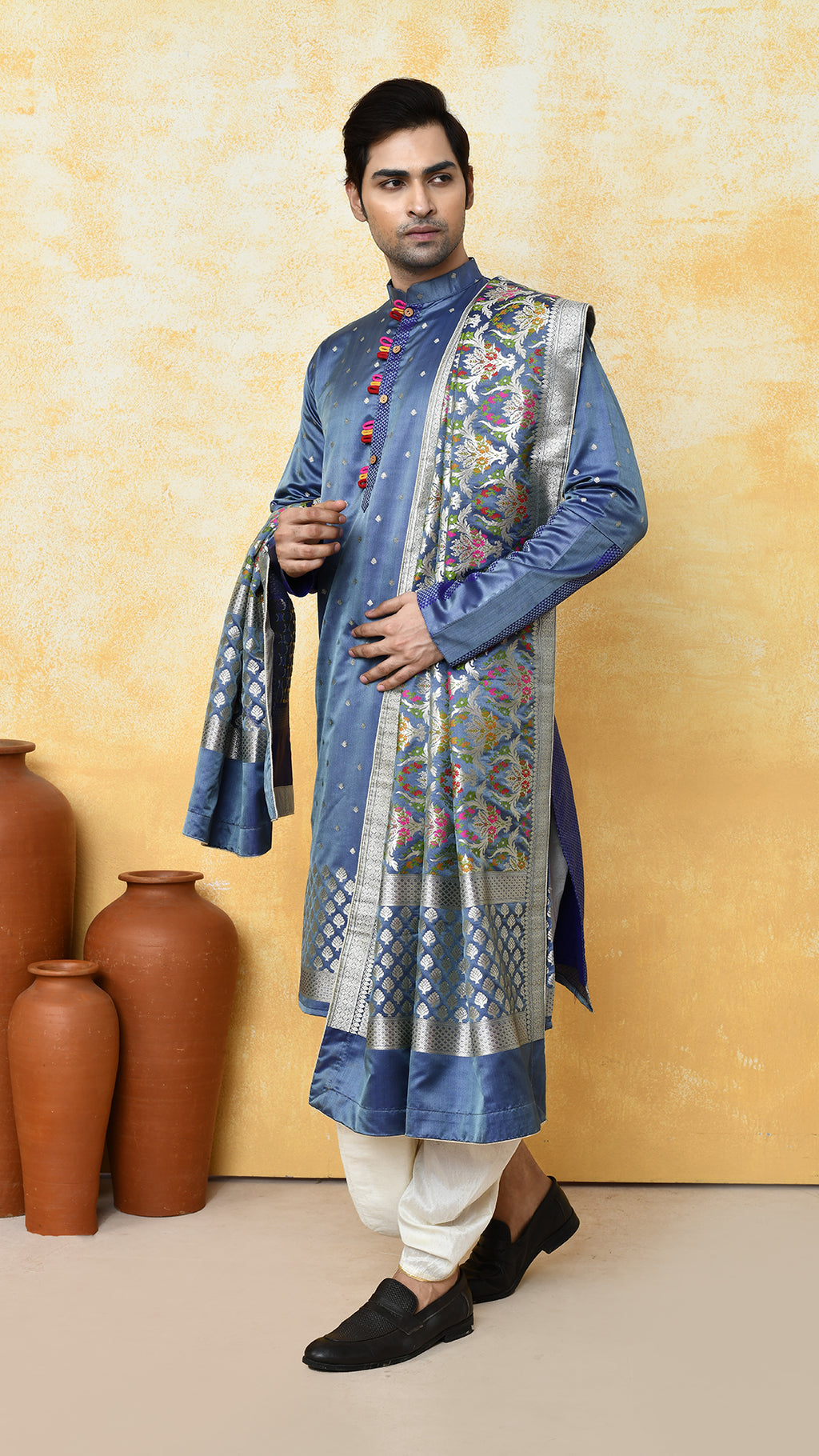 bluish grey banarasi panjabi / chadar silk set