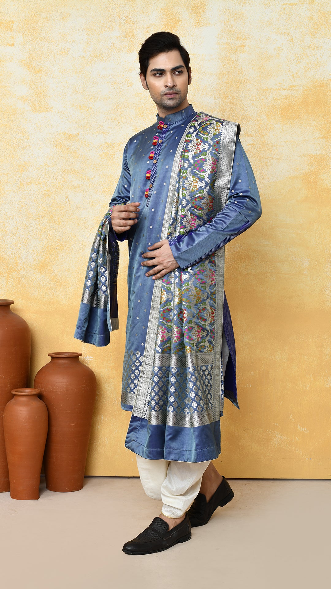 bluish grey banarasi panjabi / chadar silk set