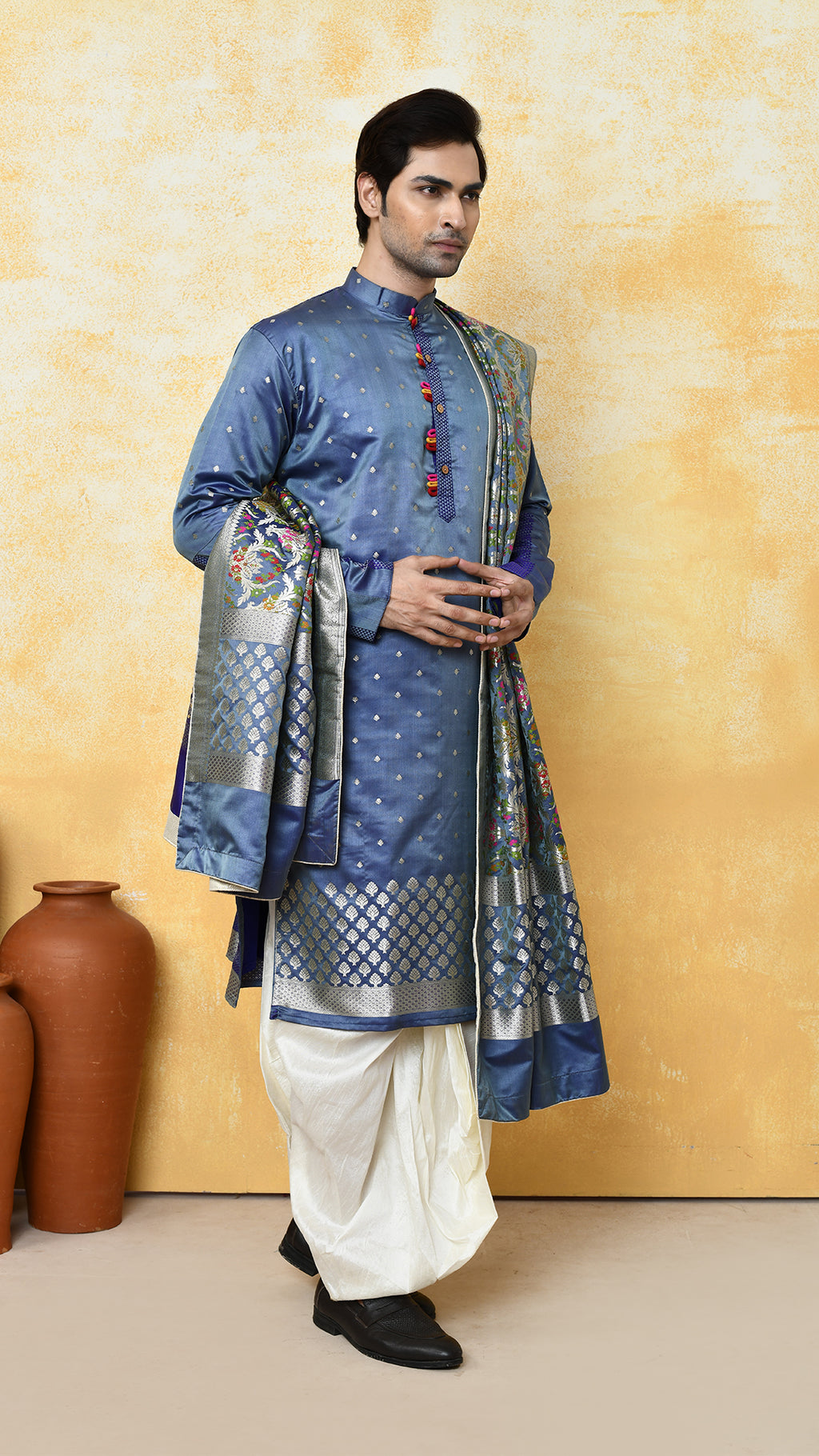 bluish grey banarasi panjabi / chadar silk set
