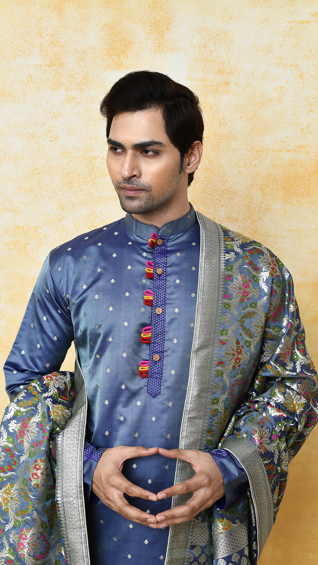 bluish grey banarasi panjabi / chadar silk set