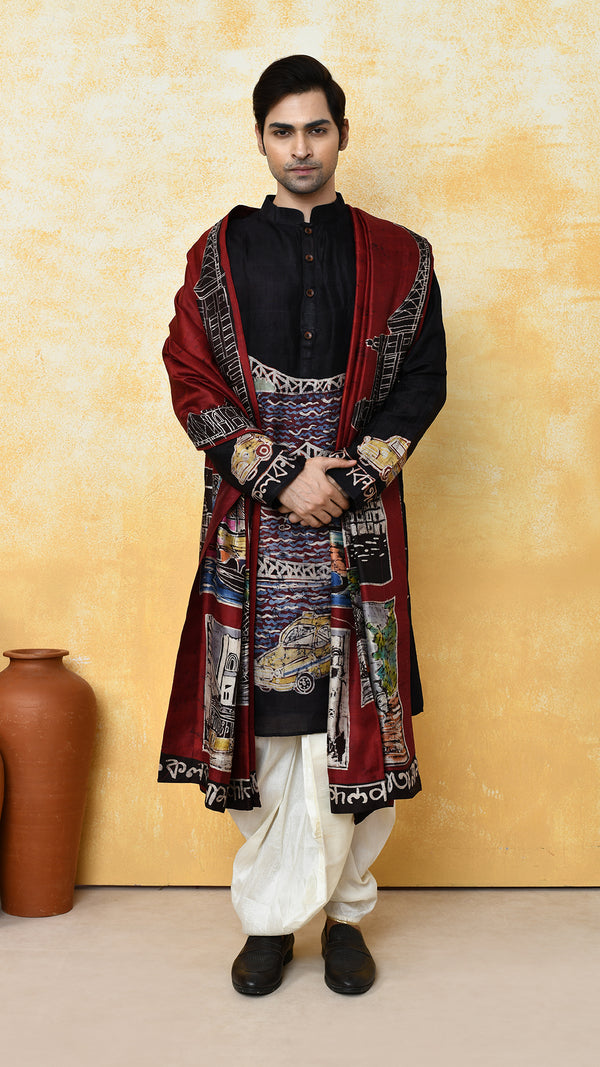 black punjabi/maroon chadar kolkatanama silk set