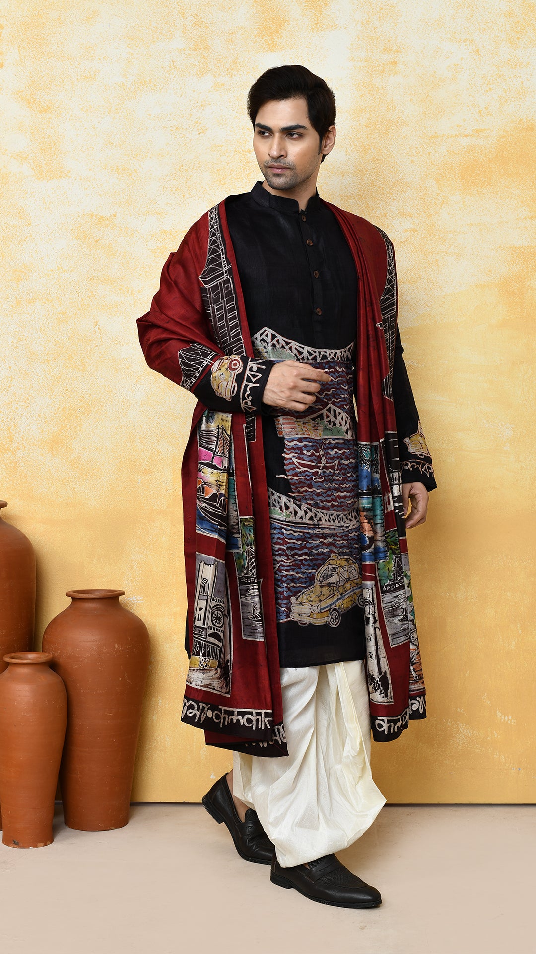 black punjabi/maroon chadar kolkatanama silk set