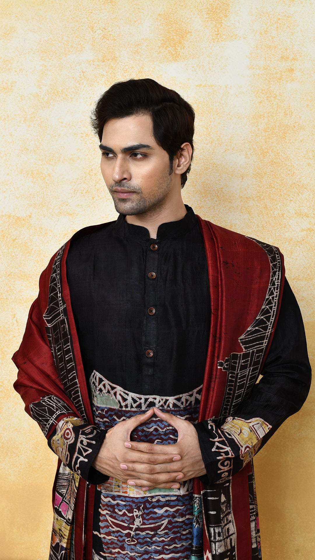 black punjabi/maroon chadar kolkatanama silk set