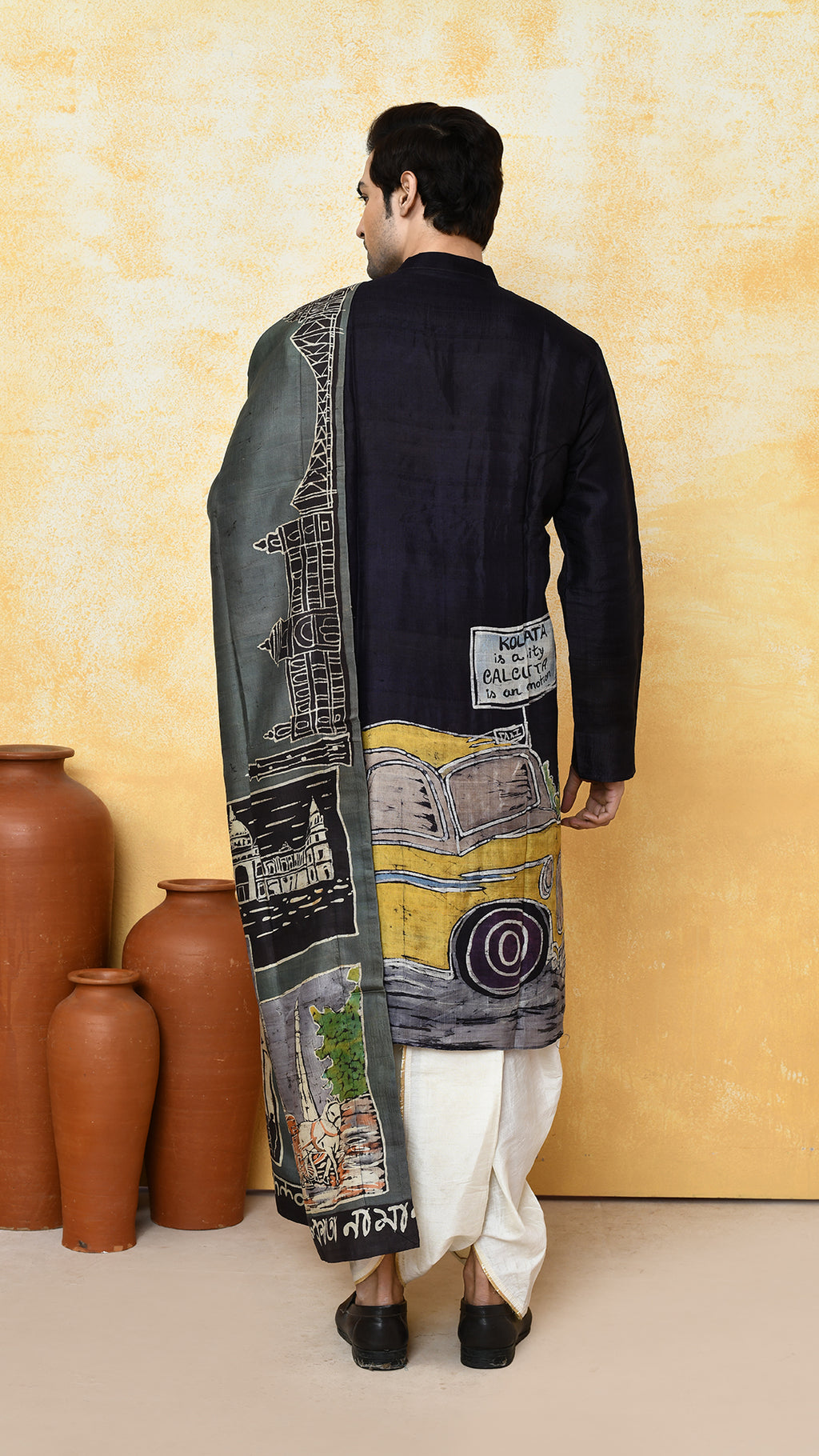 black punjabi/olivegreen chadar kolkatanama silk set