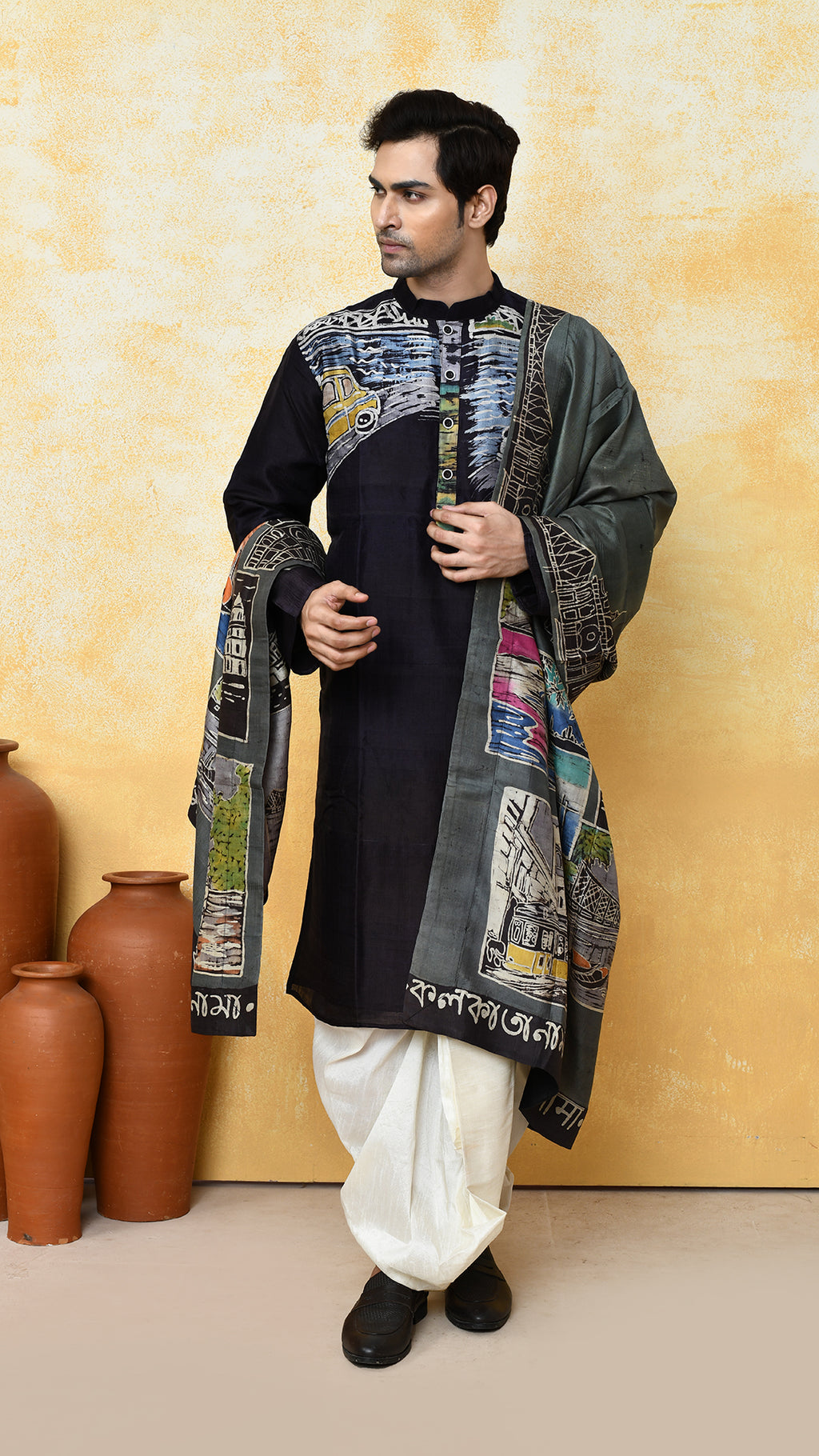 black punjabi/olivegreen chadar kolkatanama silk set