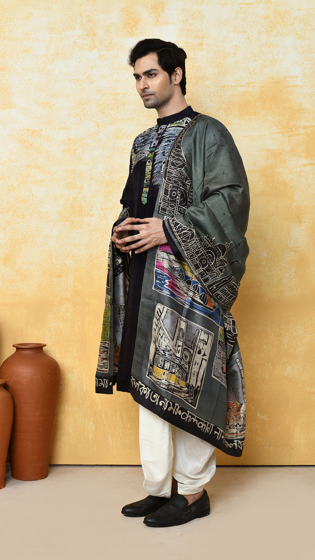 black punjabi/olivegreen chadar kolkatanama silk set
