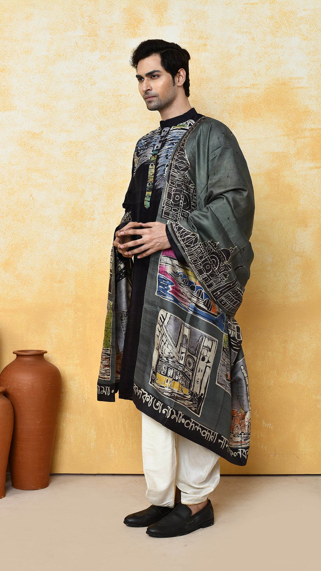 black punjabi/olivegreen chadar kolkatanama silk set