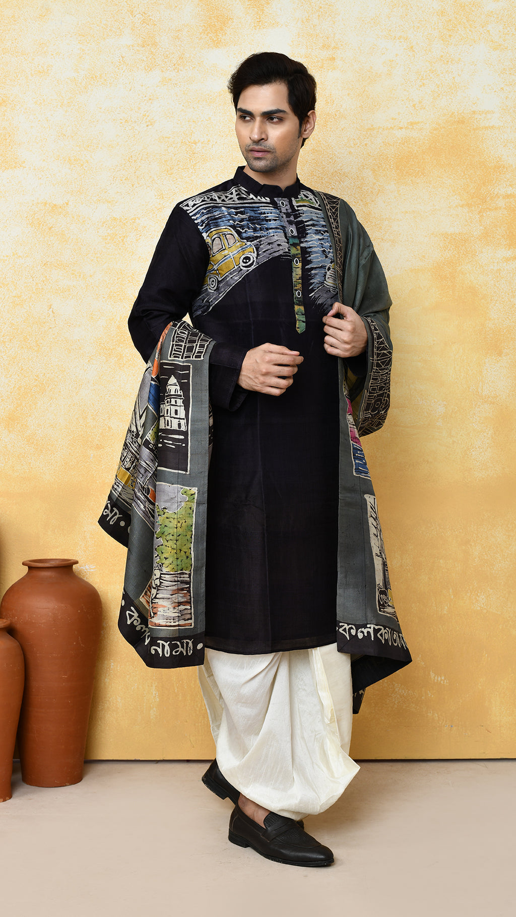 black punjabi/olivegreen chadar kolkatanama silk set