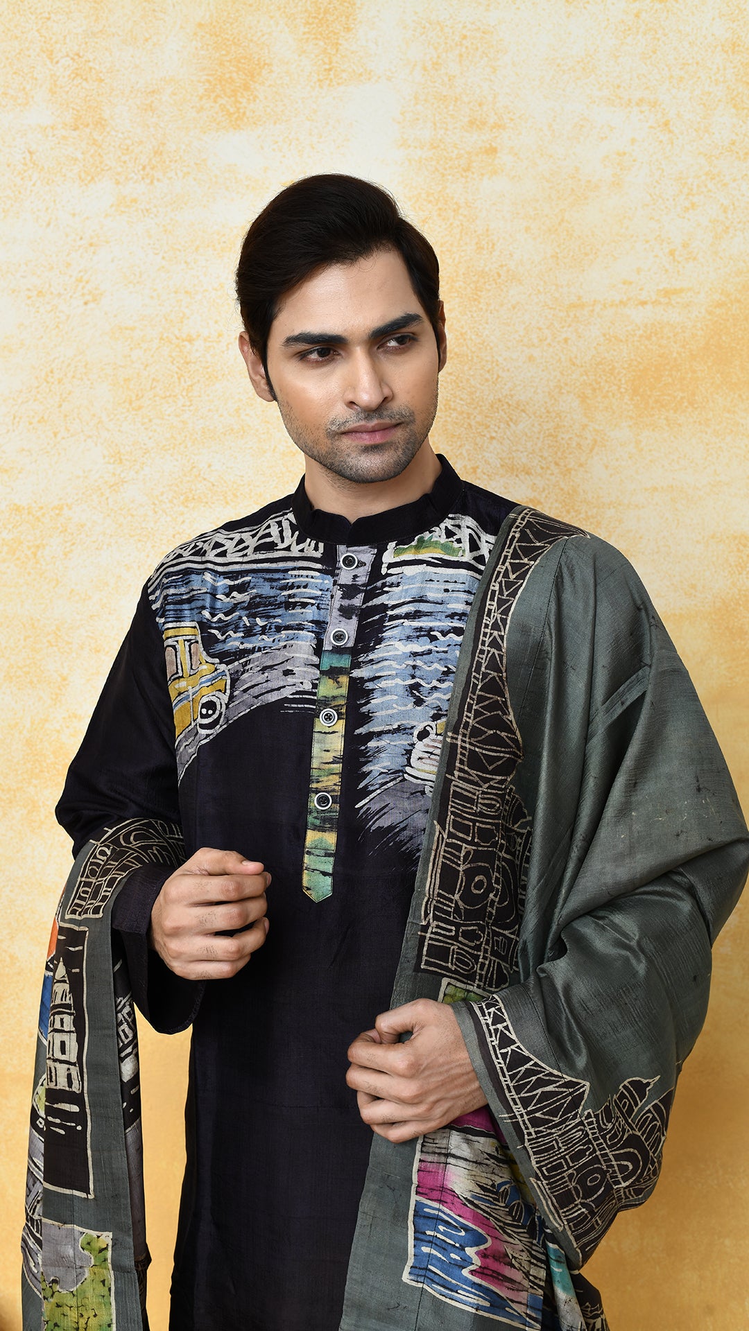 black punjabi/olivegreen chadar kolkatanama silk set
