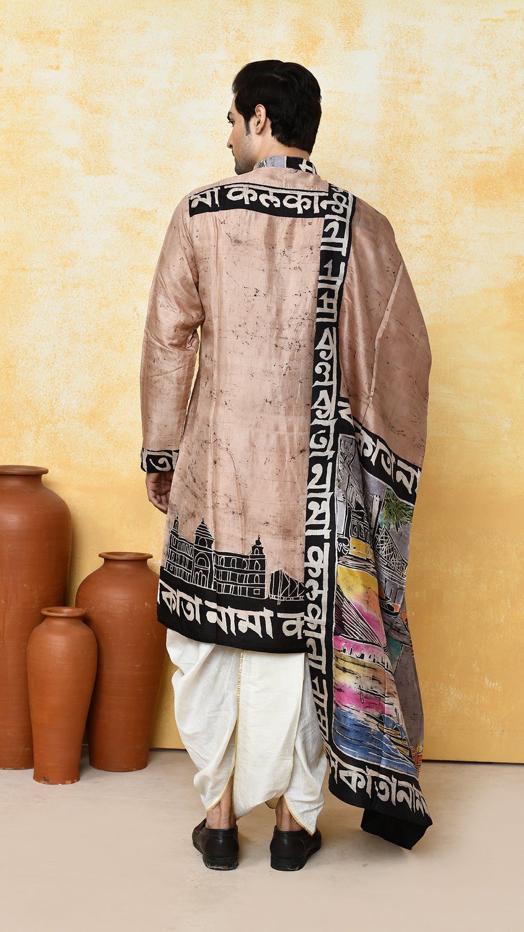 biege punjabi/beige chadar kolkatanama silk set