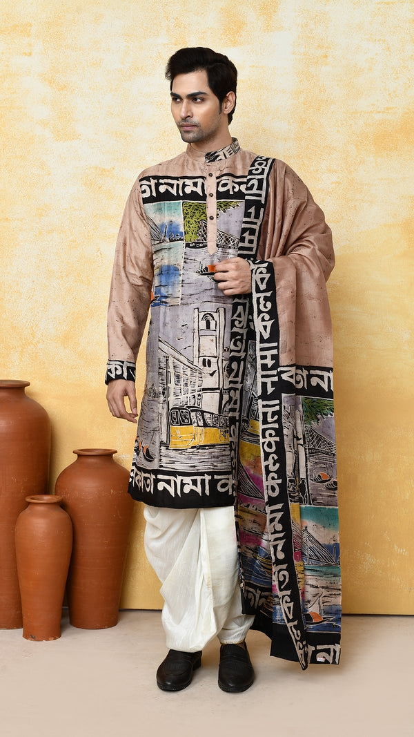 biege punjabi/beige chadar kolkatanama silk set