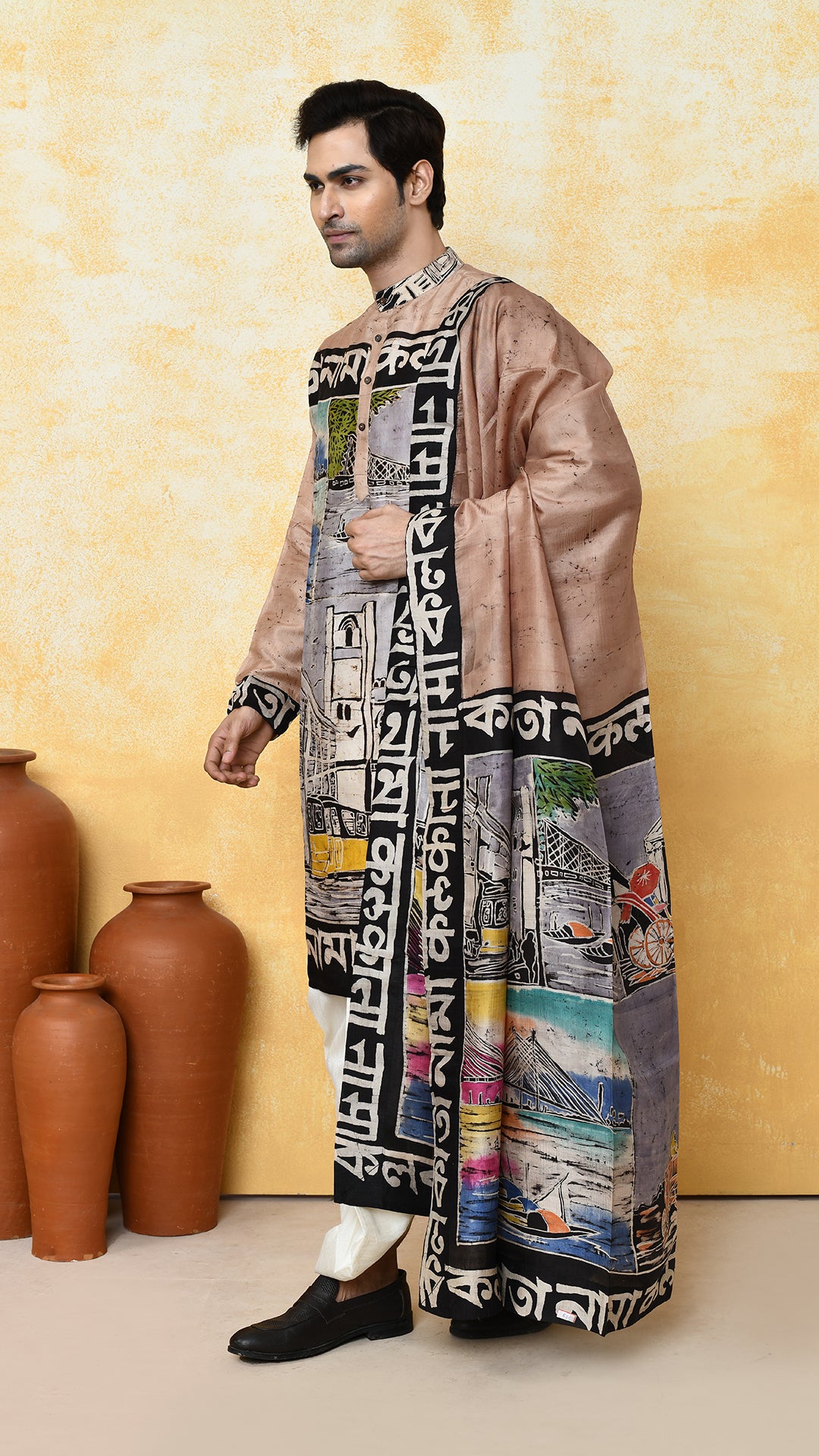 biege punjabi/beige chadar kolkatanama silk set