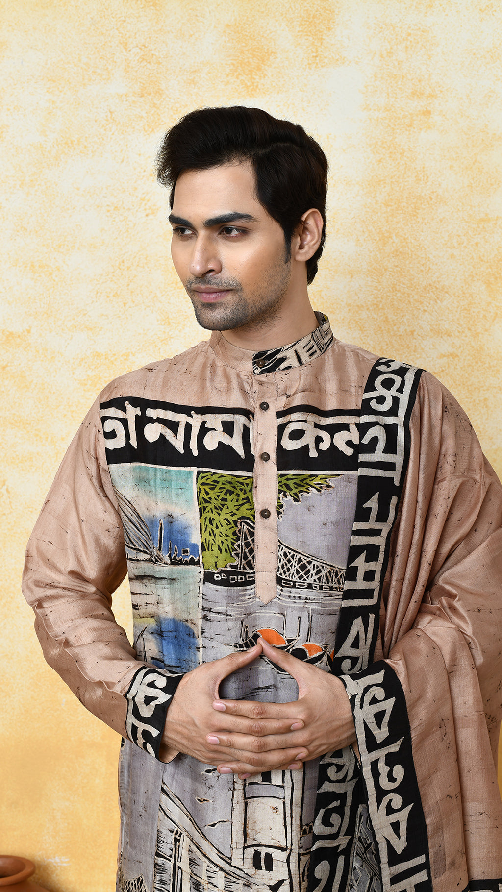 biege punjabi/beige chadar kolkatanama silk set