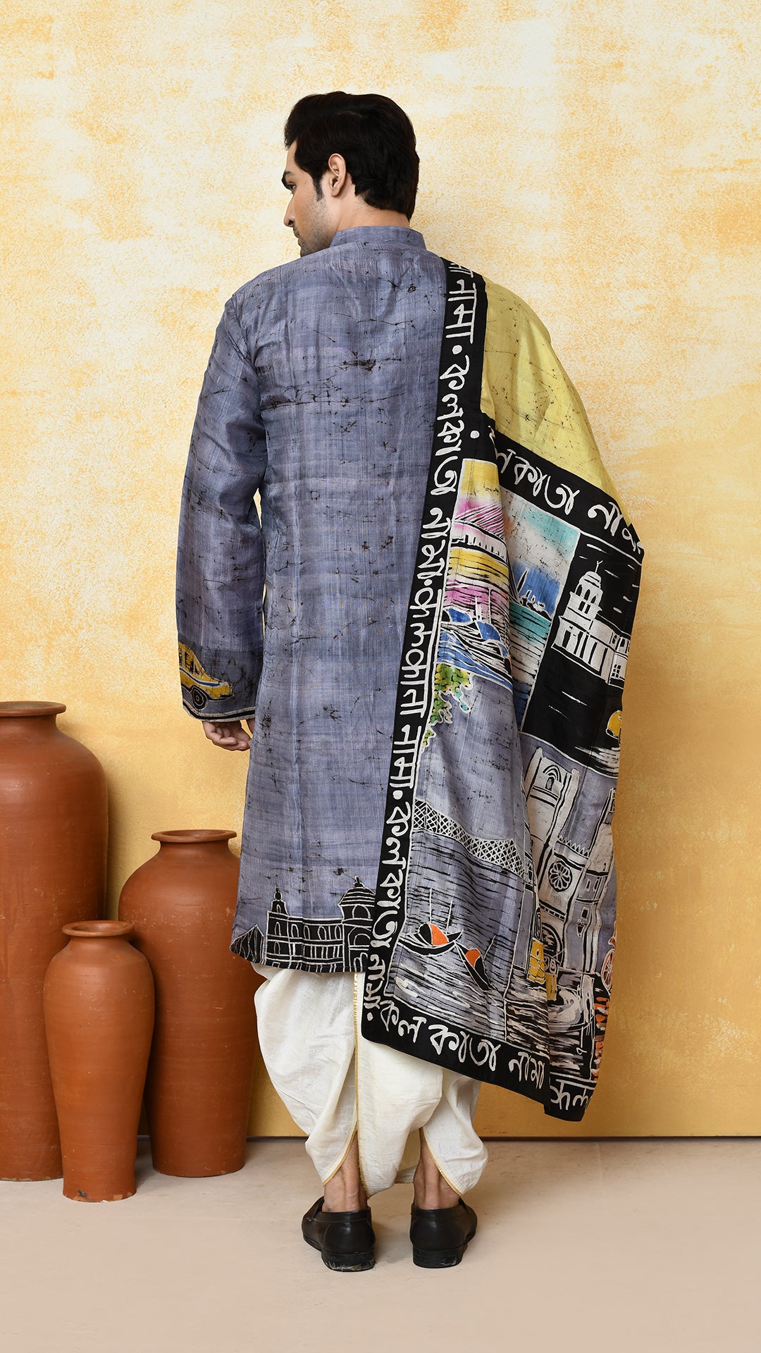 grey punjabi/yellow chadar kolkatanama silk set