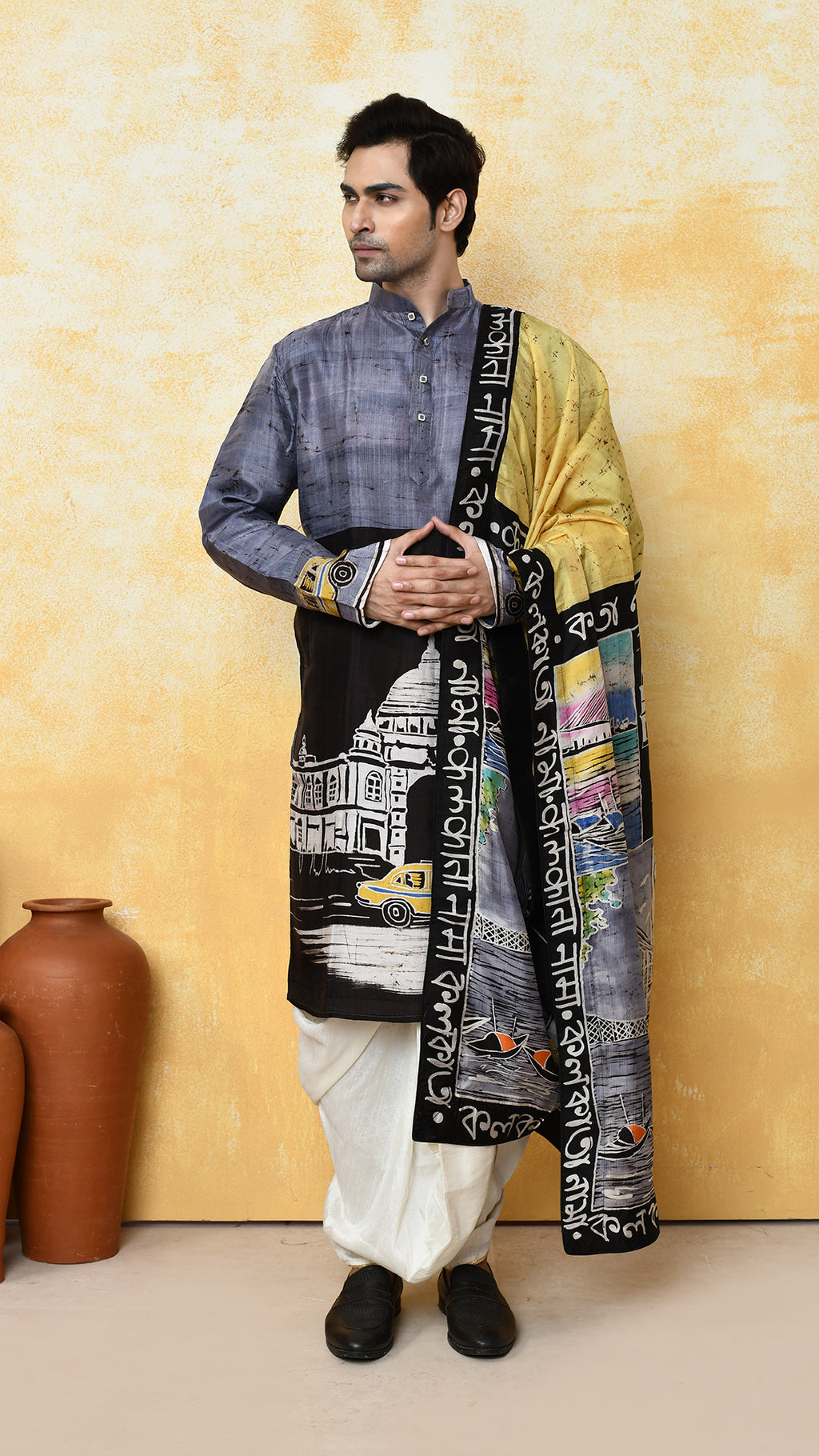 grey punjabi/yellow chadar kolkatanama silk set