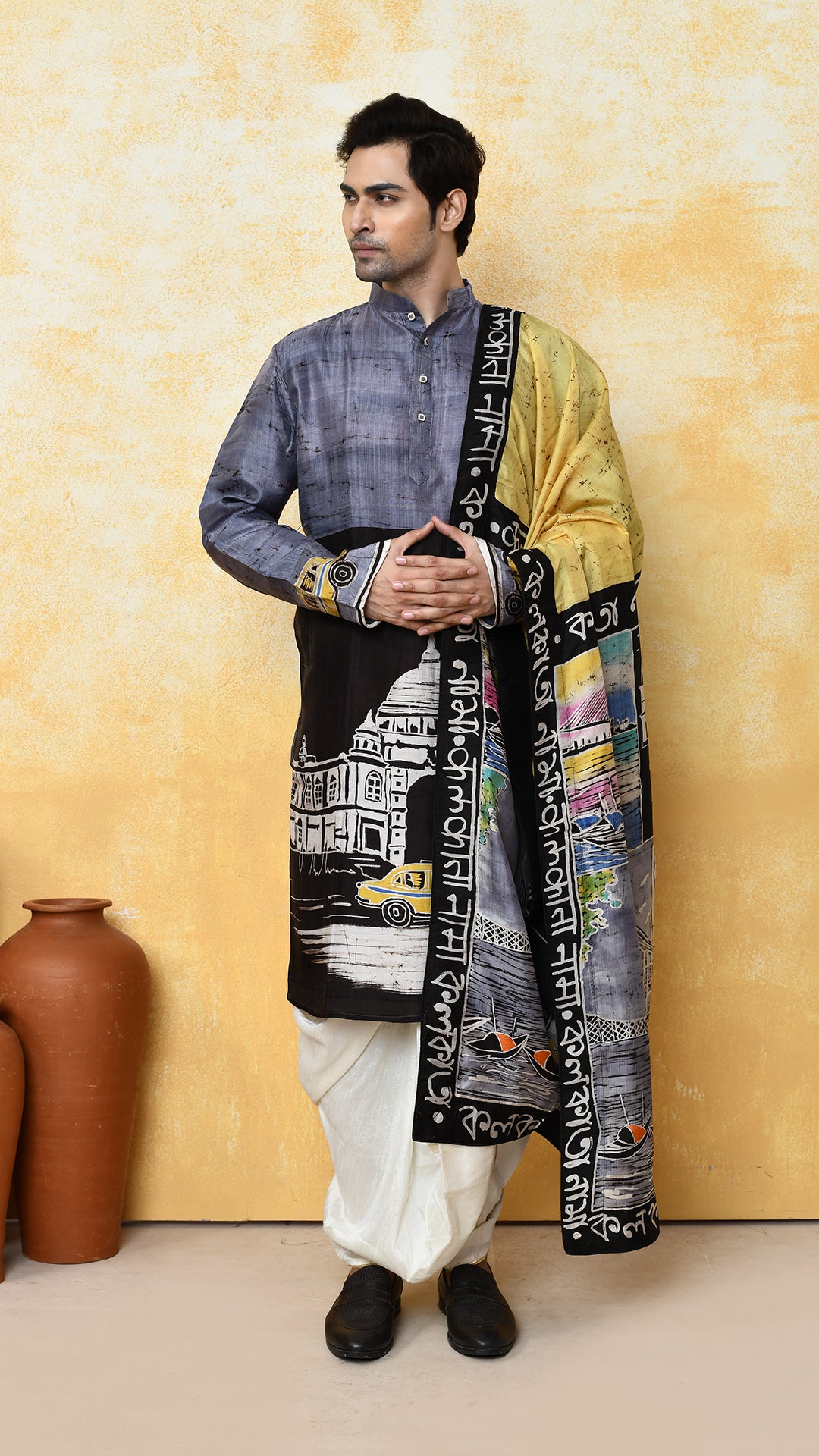 grey punjabi/yellow chadar kolkatanama silk set