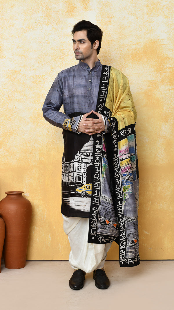 grey punjabi/yellow chadar kolkatanama silk set