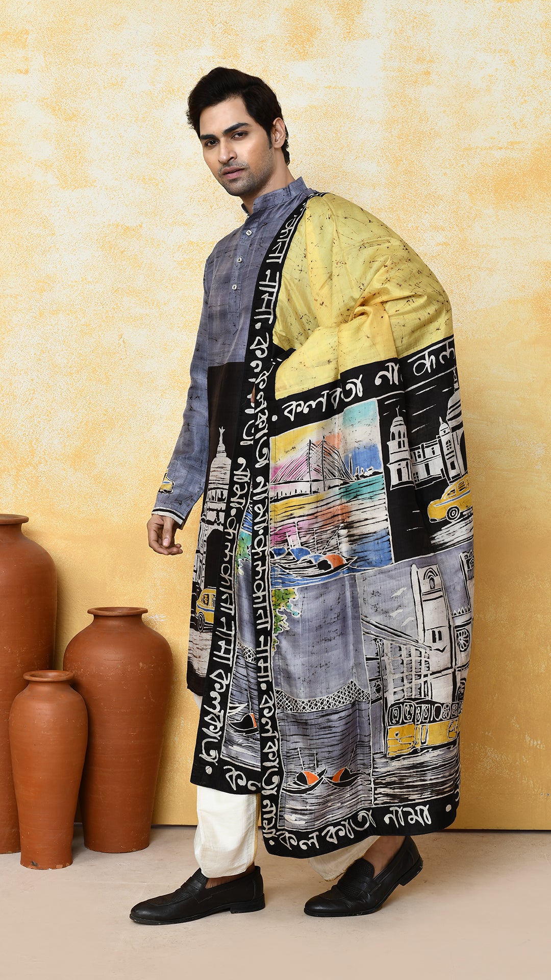 grey punjabi/yellow chadar kolkatanama silk set