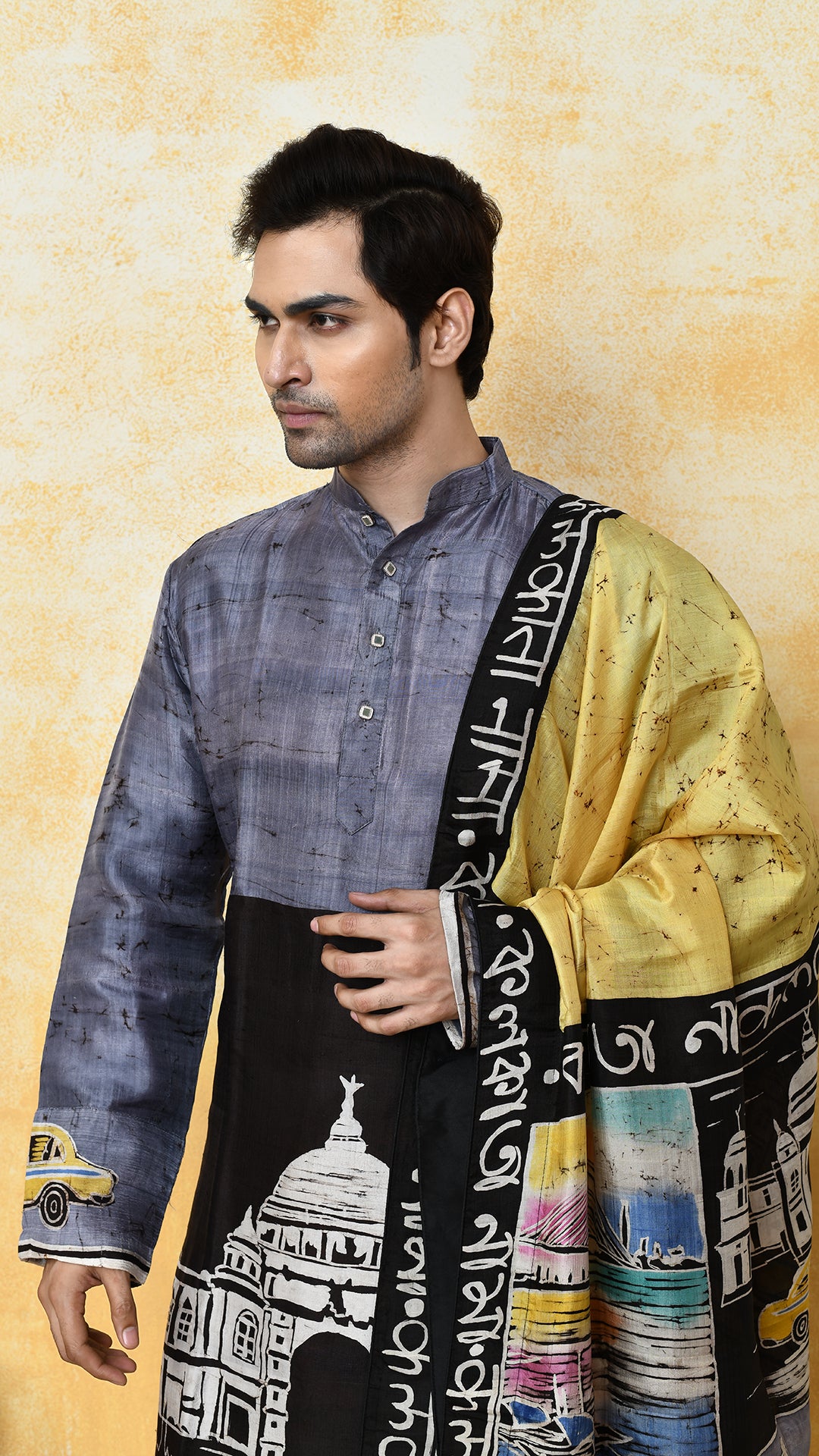 grey punjabi/yellow chadar kolkatanama silk set